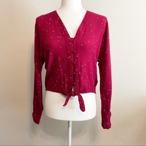 Rails Long Sleeve Button Front Tie Burgundy Star Print Shirt Size XS - Picture 1 of 8